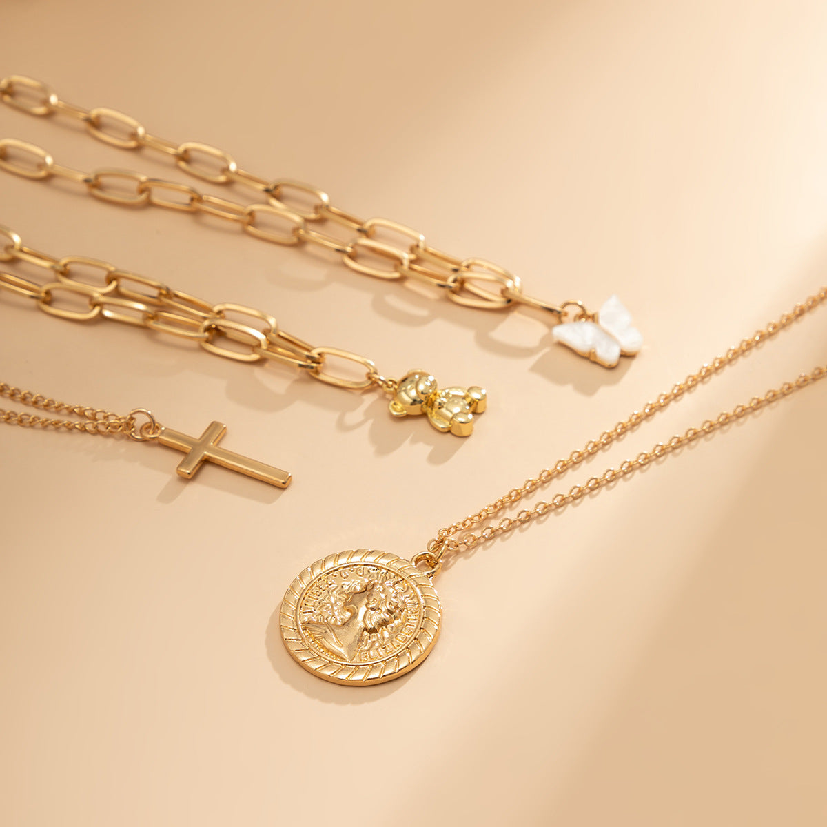 Vintage Butterfly Collage Multistrand Necklace with a Delicate Cross