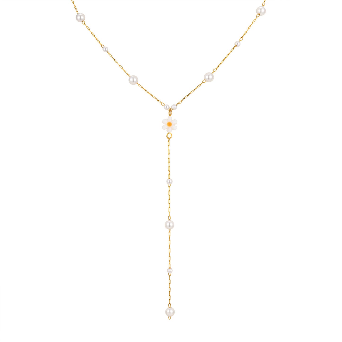 Girls Sweet Wind Stainless Steel Size Imitation Pearl Flower Y-Shaped Necklace – Wind