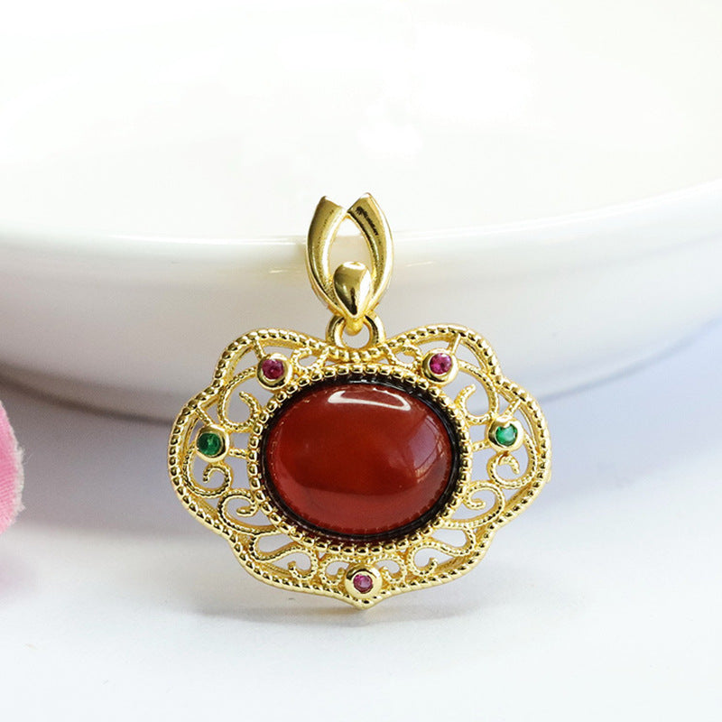 Blood Amber Ruyi Pendant with Sterling Silver Frame and Beeswax Gem