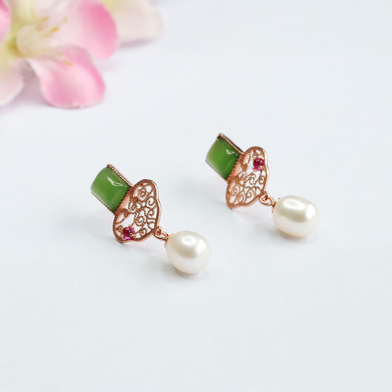 Sterling Silver Earrings with Natural Jade and Pearl Pendant