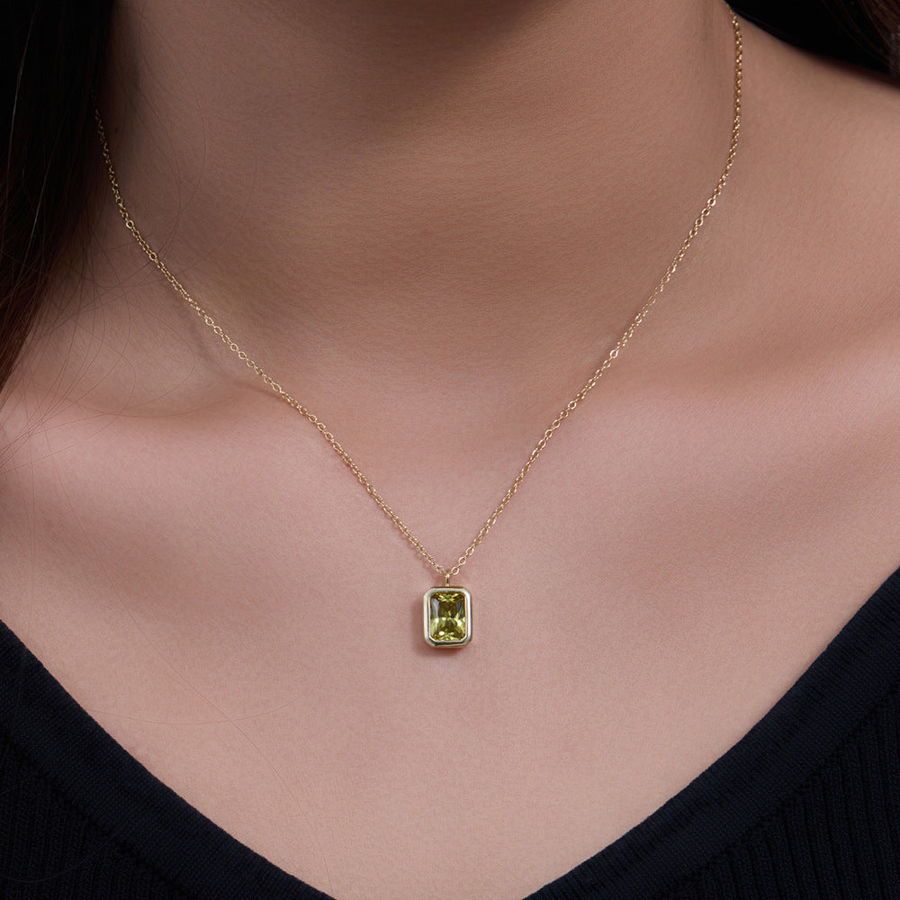 S925 Sterling Silver Square Olive Yellow Zircon Pendant Necklace