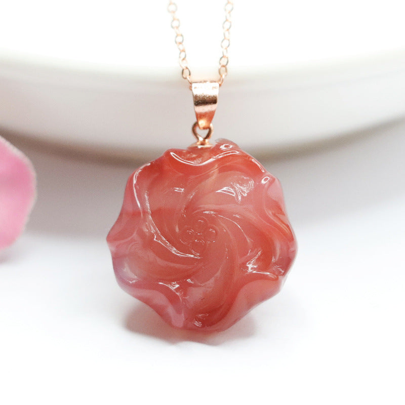 Yanyuan Agate Rose Silver Pendant — No Chain