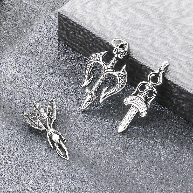 Poseidon Three-Pronged Dry Pendant, Retro Magic Mandela Grass Sword Titanium Steel Men's Pendant Necklace