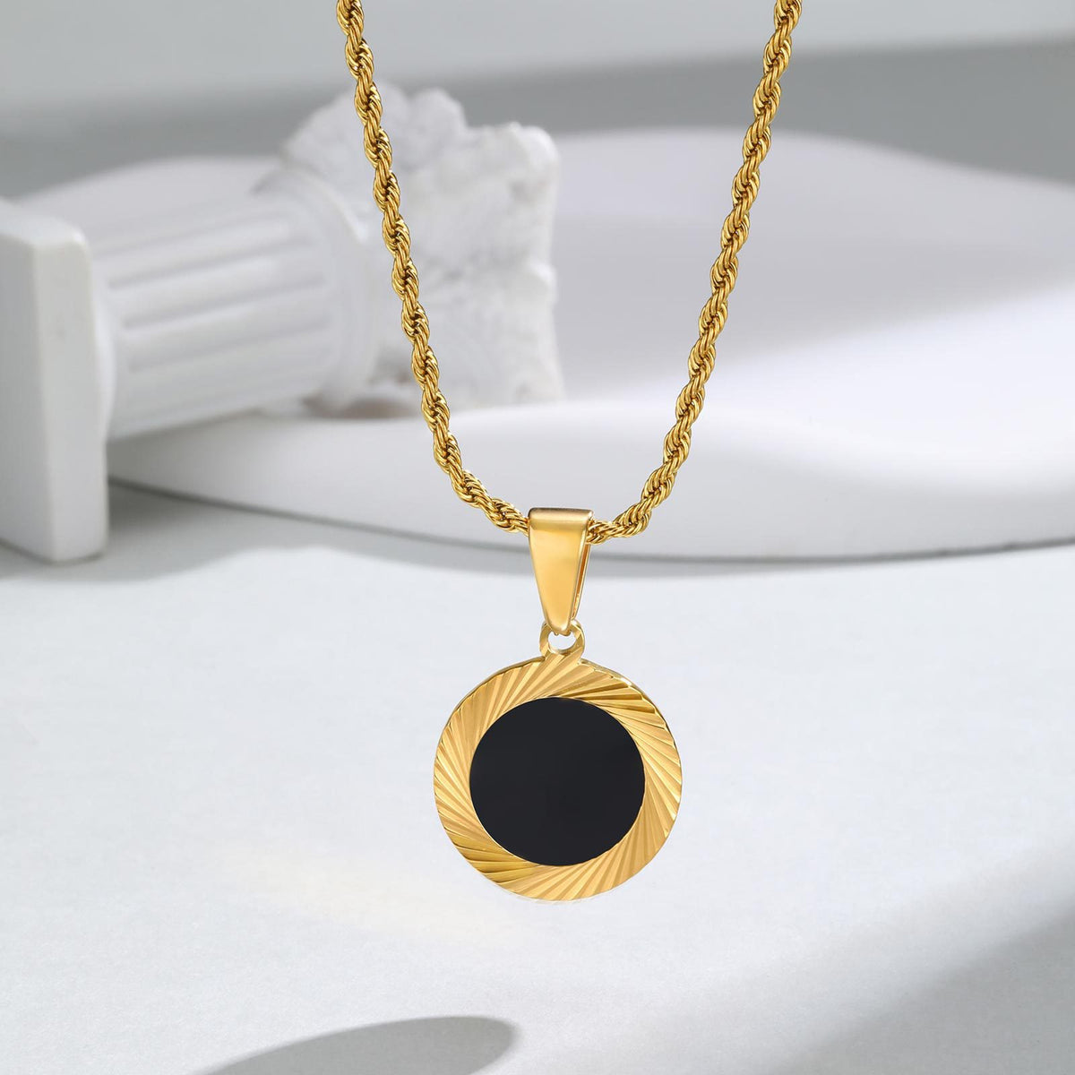 Unisex Stainless Steel Batch Flower Black Acrylic Pendant Necklace