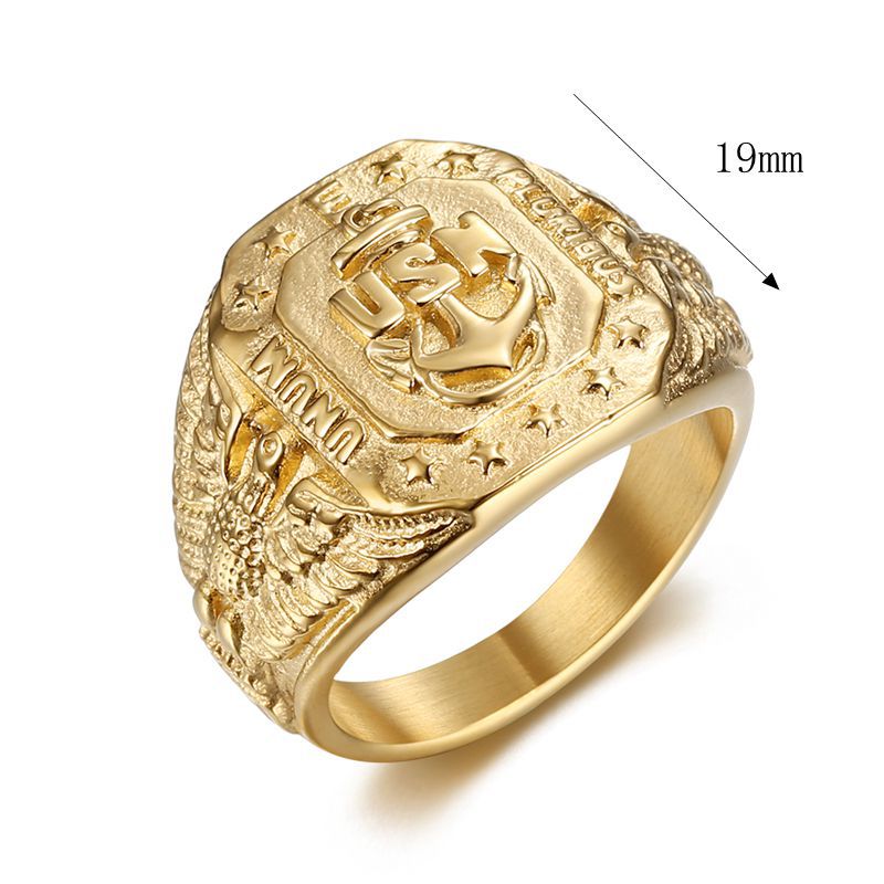 Hip Hop Ring For Men By Planderful Bold Gold Plated Titanium Steel USN Anchor Eagle Motif