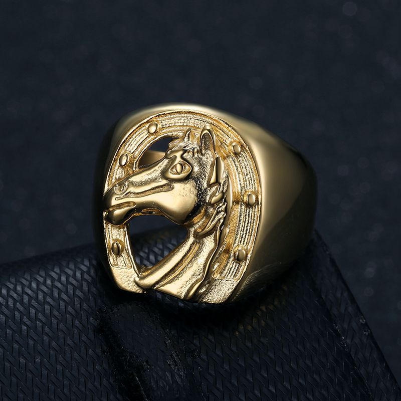 Planderful Everyday Genie Hip Hop Ring Titanium Steel Gold Plated Horse Head Mens Jewelry