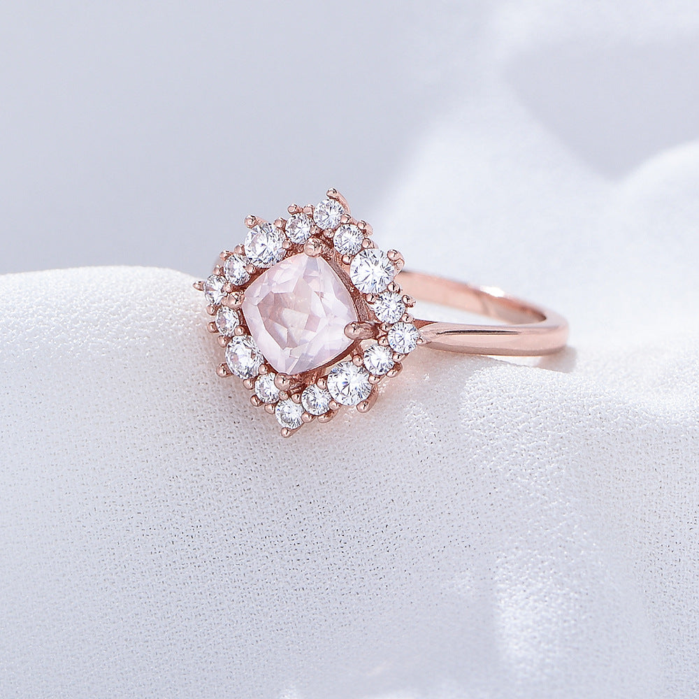 925 Sterling Silver Zircon Rose Gold Natural Powder Crystal Pillow Ring Classic Jewelry