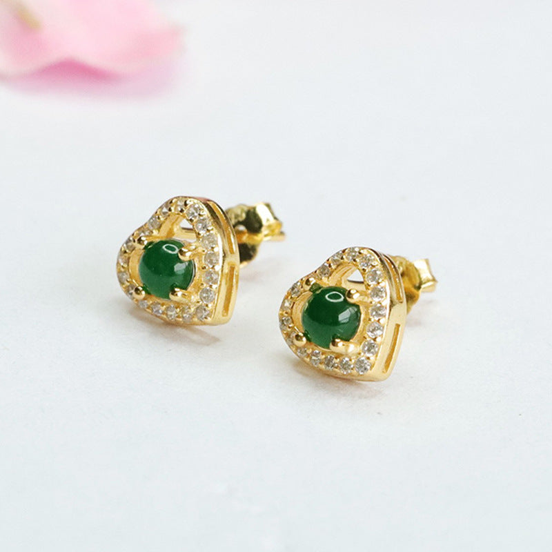 Icy Green Jadeite Heart 925 Silver Stud Earrings