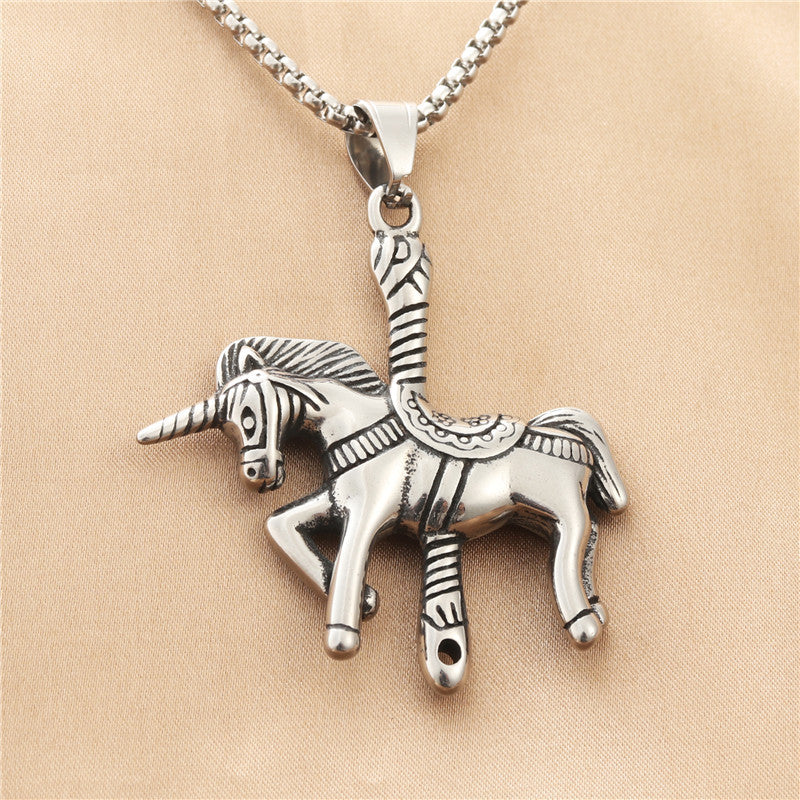 Personalized Titanium Steel Unicorn Carousel Pendant Necklace for Men - Retro Punk Trendy Design
