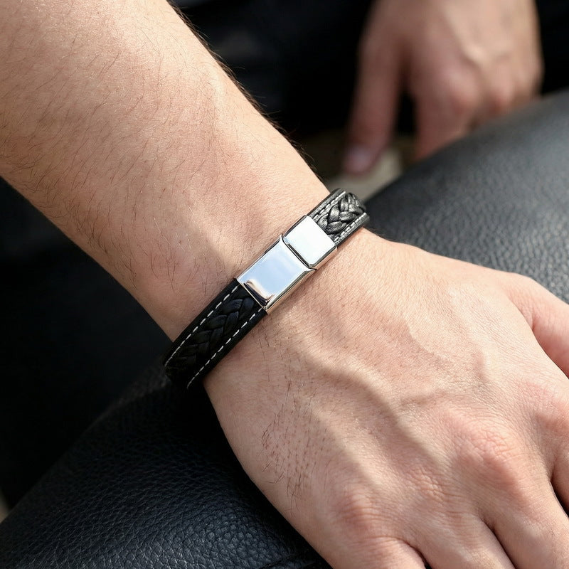 Woven Leather Rope Titanium Steel Buckle Bracelet – Male Punk Flat Leather Rope