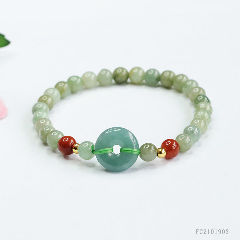 Blue Water Jadeite Peace Buckle & Round Bead 5-13 mm Bracelet