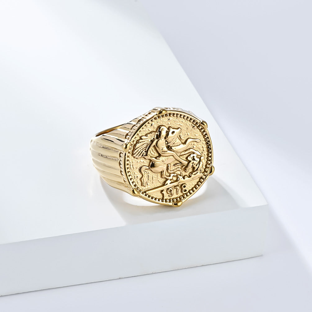 Planderful Hip Hop Knight Ring Stainless Steel Gold Plated For Men Durable Retro Style Jewelry