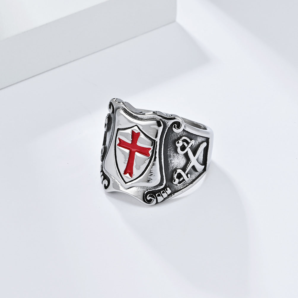 Steel Ring – Statement Cross Shield Punk Military Style For Men Retro Armor Edition By Planderful