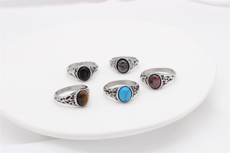 Planderful Titanium Steel Ring For Men Unisex Retro Oval Stone Statement Jewelry
