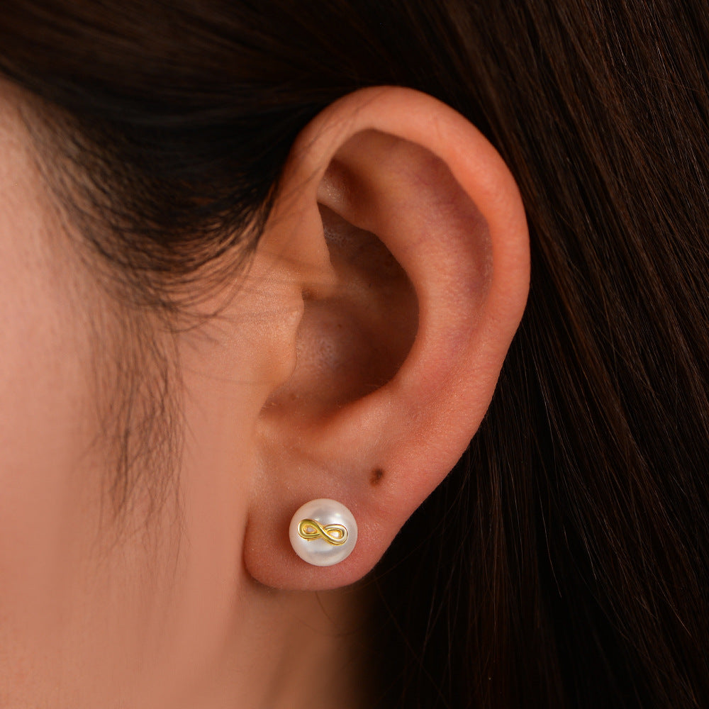 S925 Sterling Silver Infinite Love 8 Character Natural Pearl Stud Earrings Japanese And