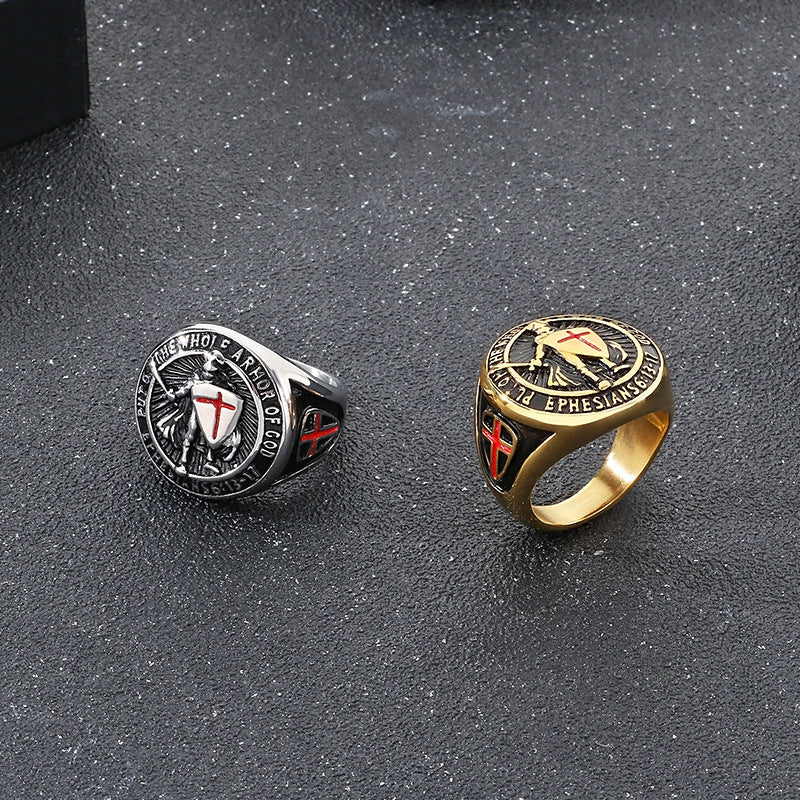 Planderful Men Epoxy Red Cross Shield Ring Hip Hop Style