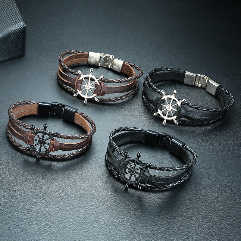 Ship Wheel Vintage Black Stainless Steel Bracelet for Men