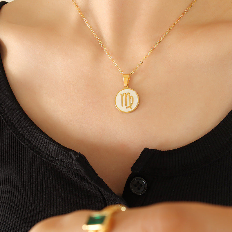 Celestial Zodiac Necklace Set with White Sea Shell Pendant - Titanium Steel Gold Plated Women's Jewelry