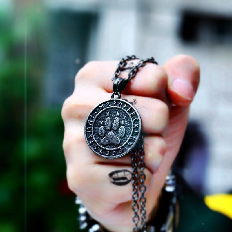 Titanium Steel Bear Paw Rune Pendant for Men - Viking Inspired Wholesale Jewelry