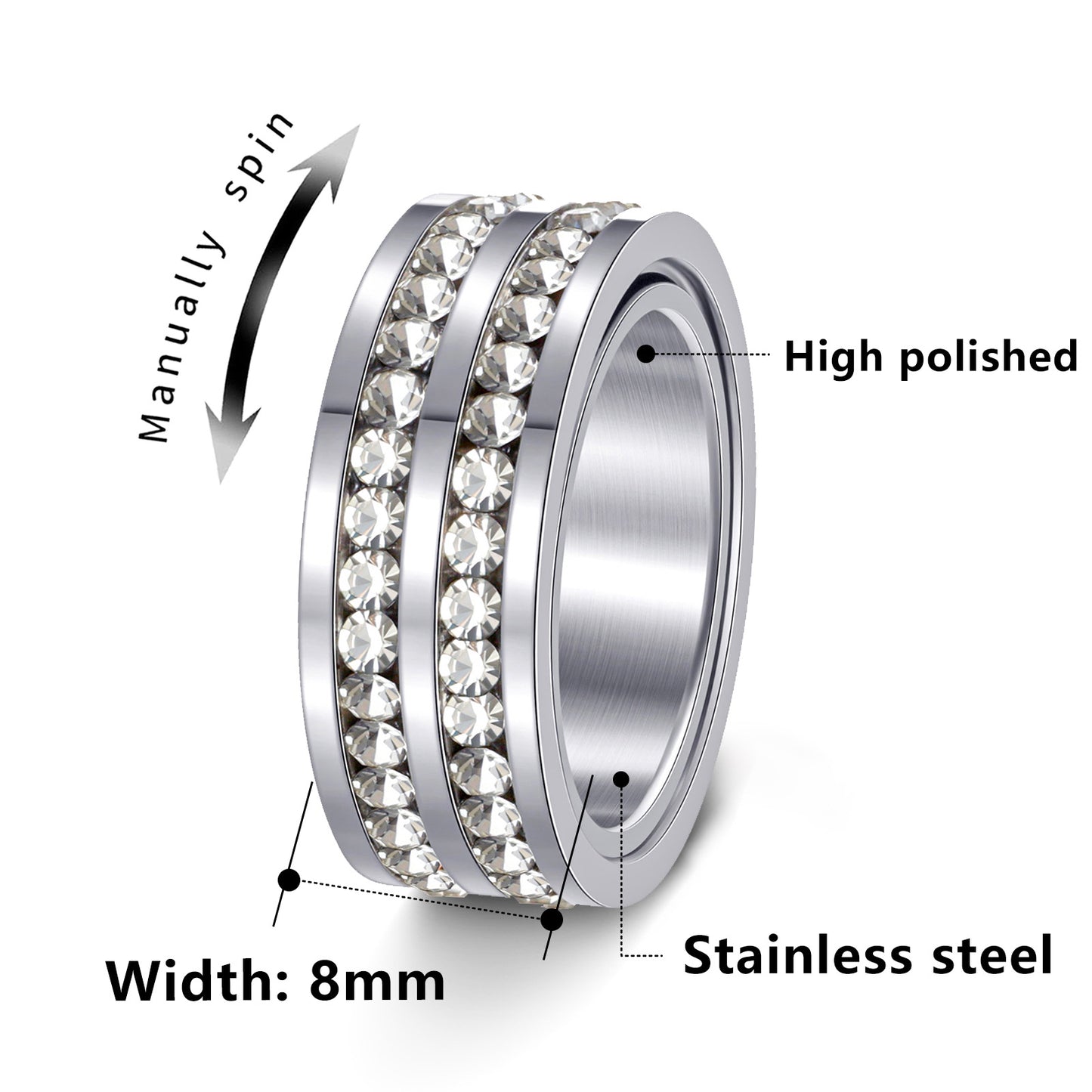Planderful Everyday Genie Zircon Stainless Steel Ring Rotatable Double Row 8mm Gypsy Unisex Jewelry