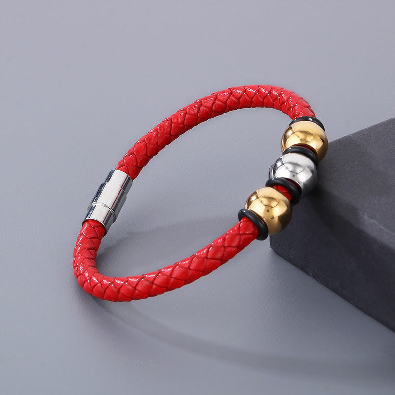 Planderful Mens Stainless Steel Leather Bracelet Hip Hop