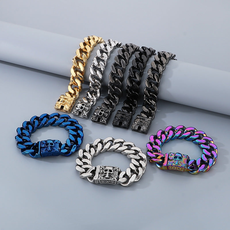 customized titanium steel Cuban link bracelet with men's skull design in European and American style