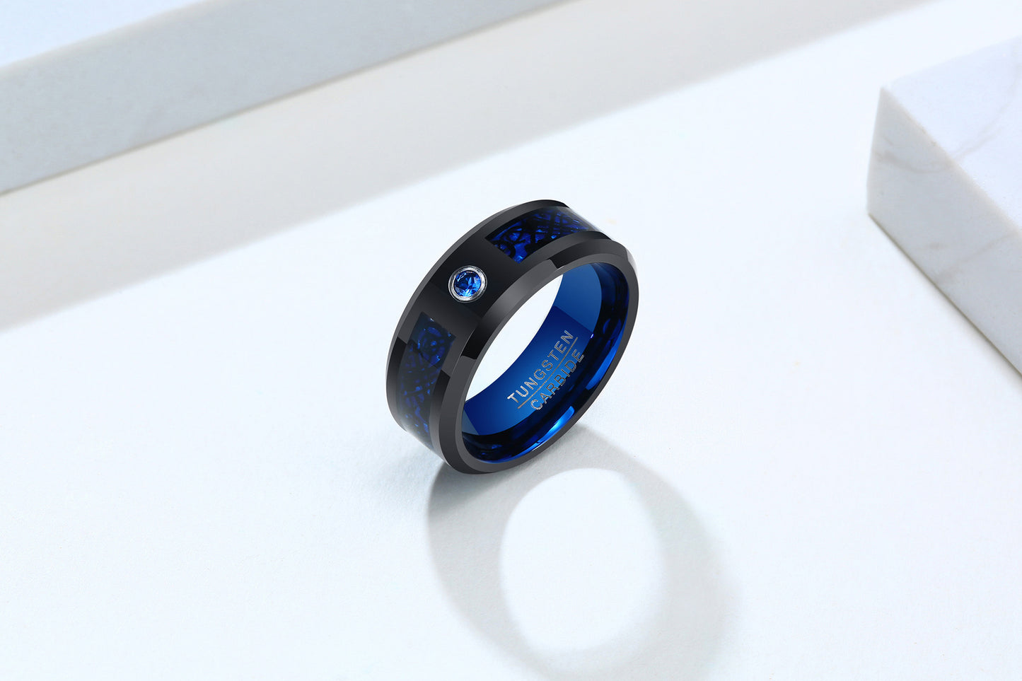 Blue And Black Carbon Fiber Tungsten Steel Ring 8MM Men