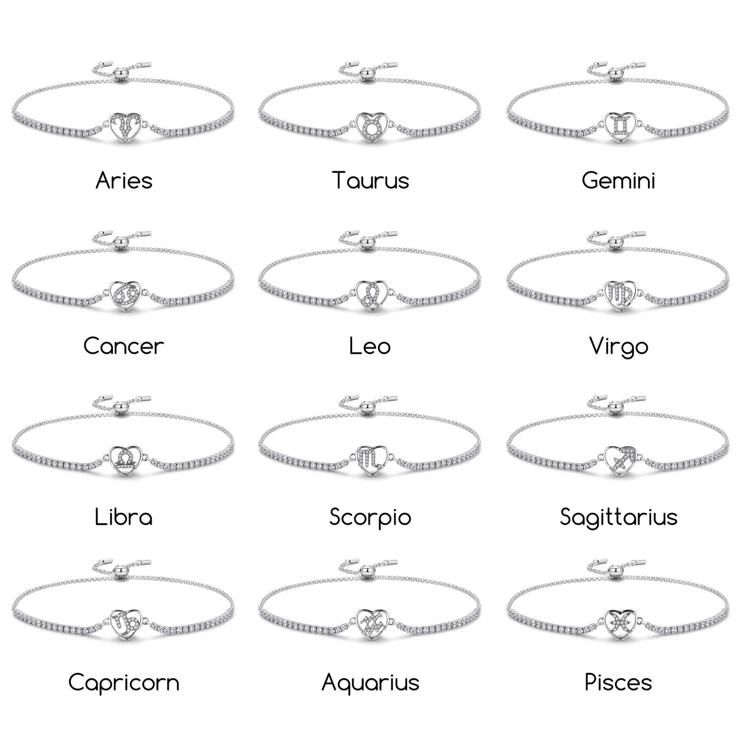 Planderful Jewelry Twelve Constellations Sterling Silver Zircon Bracelet Adjustable Length