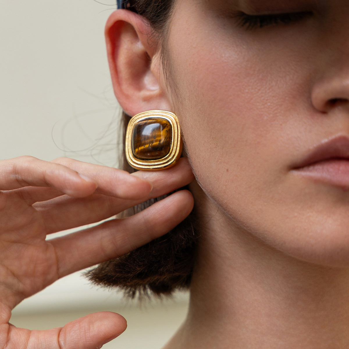 Planderful Stainless Steel Stud Earrings Tiger Stone Inlaid Geometric Pearl Square Statement For Trendsetting Women
