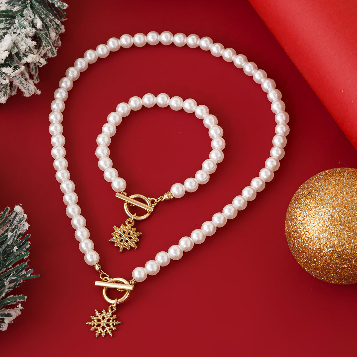 Holiday Pearl-Style Necklace & Bracelet Set