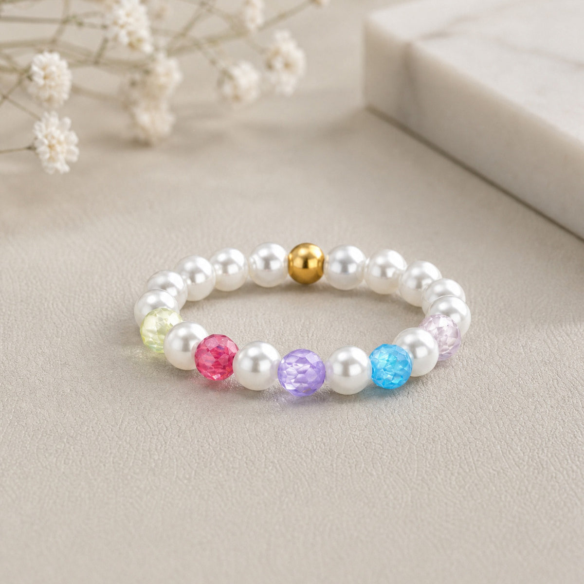 Summer Wear – Dopamine Sense Stainless Steel Imitation Pearl Multicolored Bead Ring
