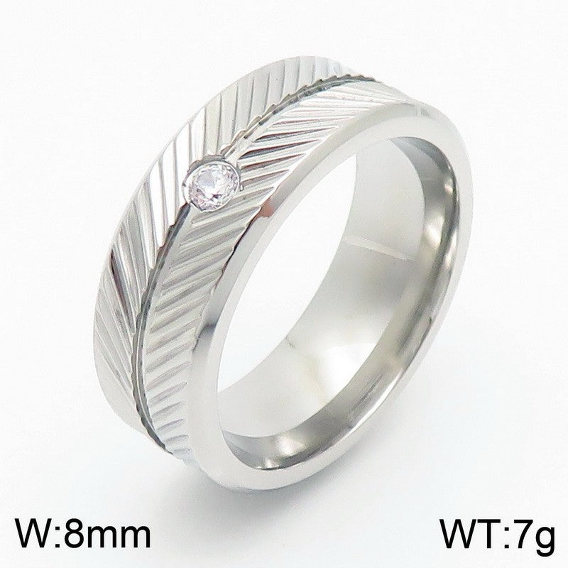 Ring Vacuum Plated Zircon Feather Round Stainless Steel Men's Ring