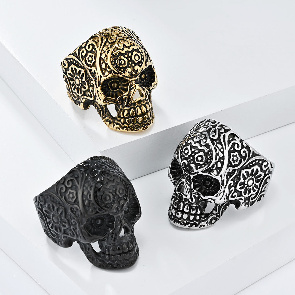 Planderful Skull Ring For Men Titanium Steel Bold Gothic Dark Style Statement Jewelry
