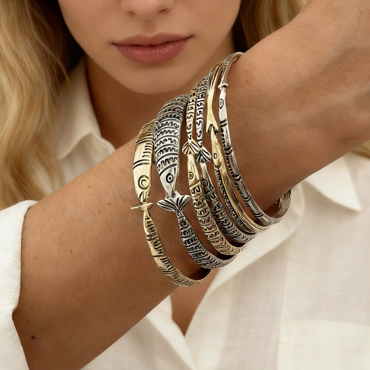 Stacked Marine Animal Fish Bracelet Retro Design Fish Pattern Symbol
