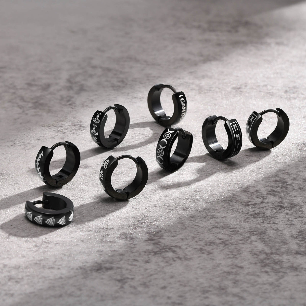 Engraved Black Symbol Hoop Earrings — Seven Designs