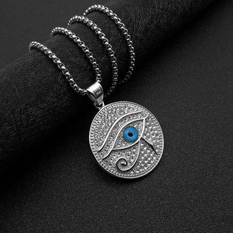 Planderful Hip Hop Jewelry Blue Horus Eye Necklace Gold Plated Titanium Steel Rhinestone Pendant For Hip Hop Fans