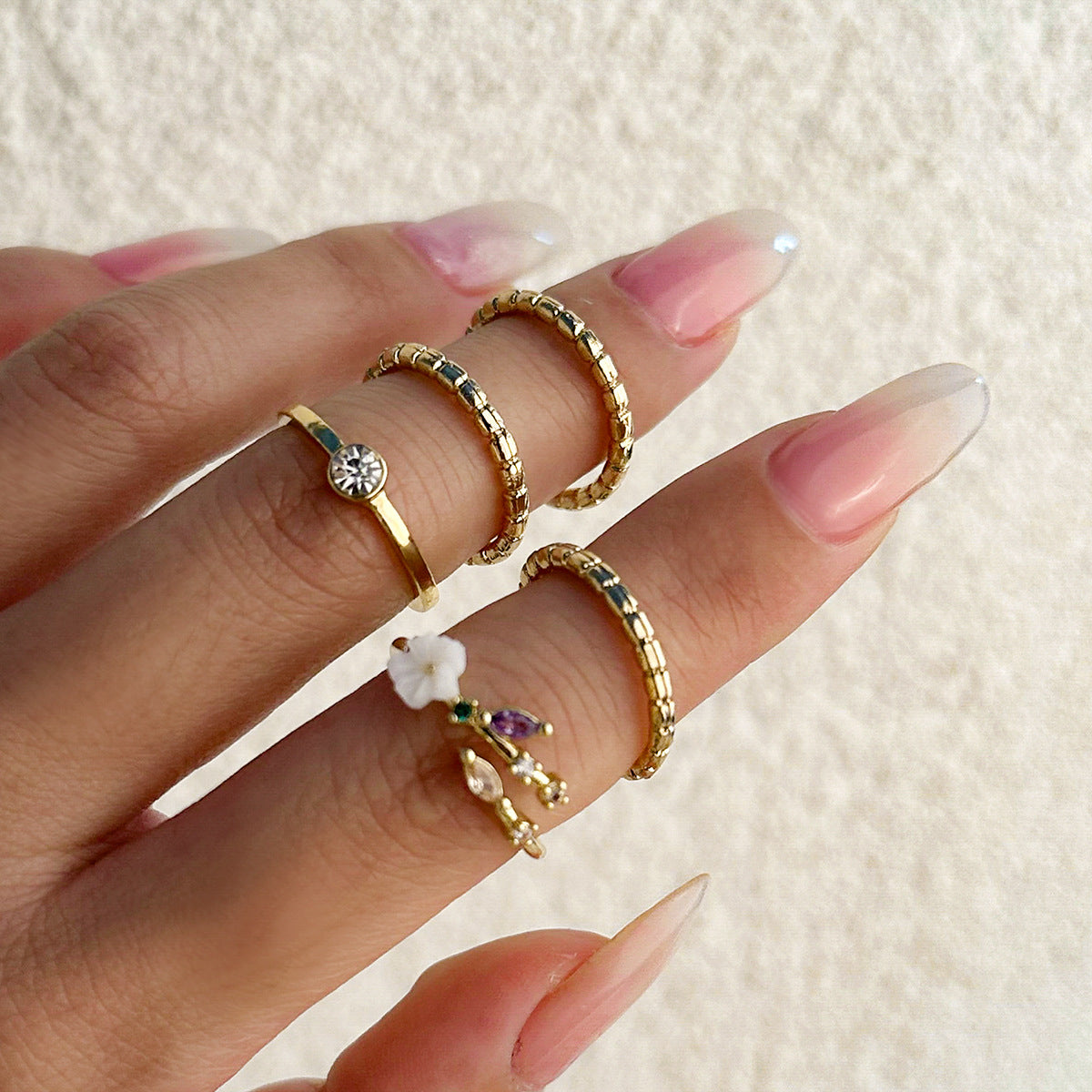European and American Cross-border Jewelry: Unique Micro-inlaid Butterfly and Geometric Hollowed-out Ring Set for Women