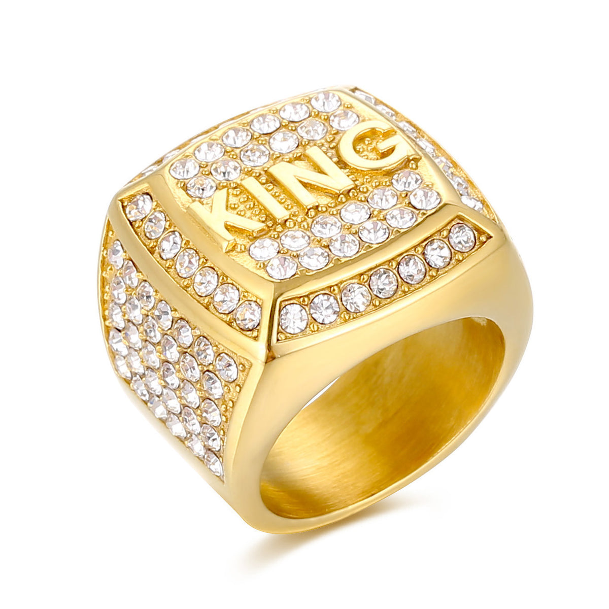 Planderful Hip Hop Ring King Unisex Stainless Steel Gold Plated Zircon Jewelry Protection Statement