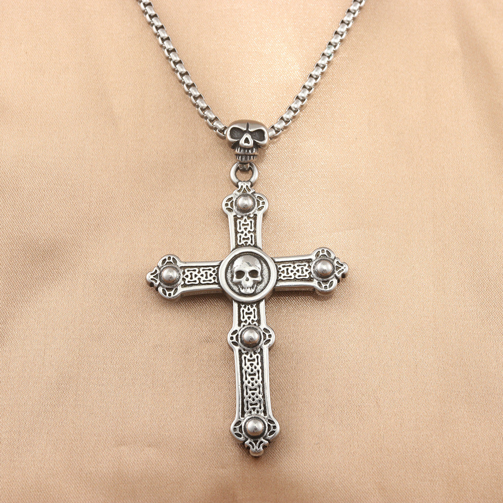 European And American Stainless Steel Cross Pendant Men's Skull Necklace