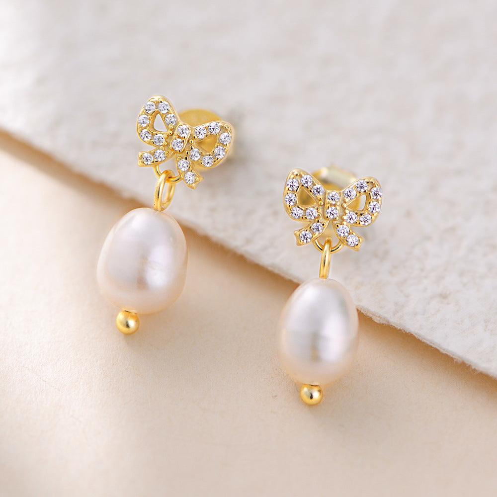 Planderful Sterling Silver Pearl Earrings With Natural Pearl And Zircon Bow Pendant For Women Elegant