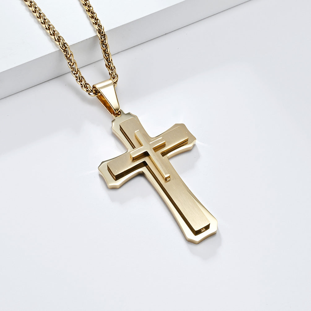 Three-Layer Titanium Steel Cross Pendant Necklace for Men