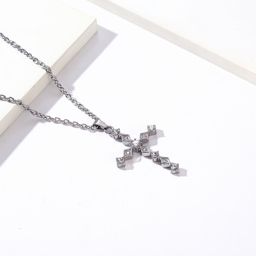 Cross-Border Amazon Light Luxury Zircon Titanium Steel Cross Necklace
