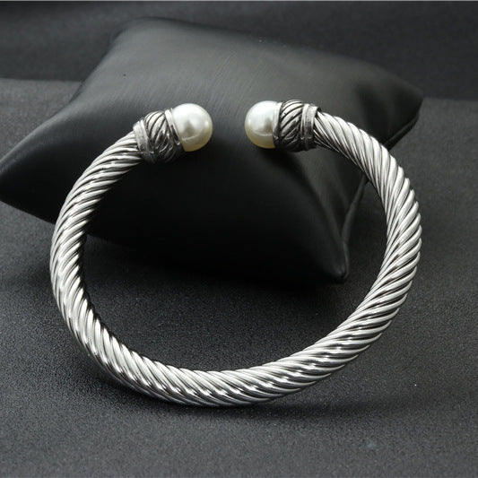 Planderful Everyday Genie Titanium Steel Cable Bracelet With Pearl Accent For Women