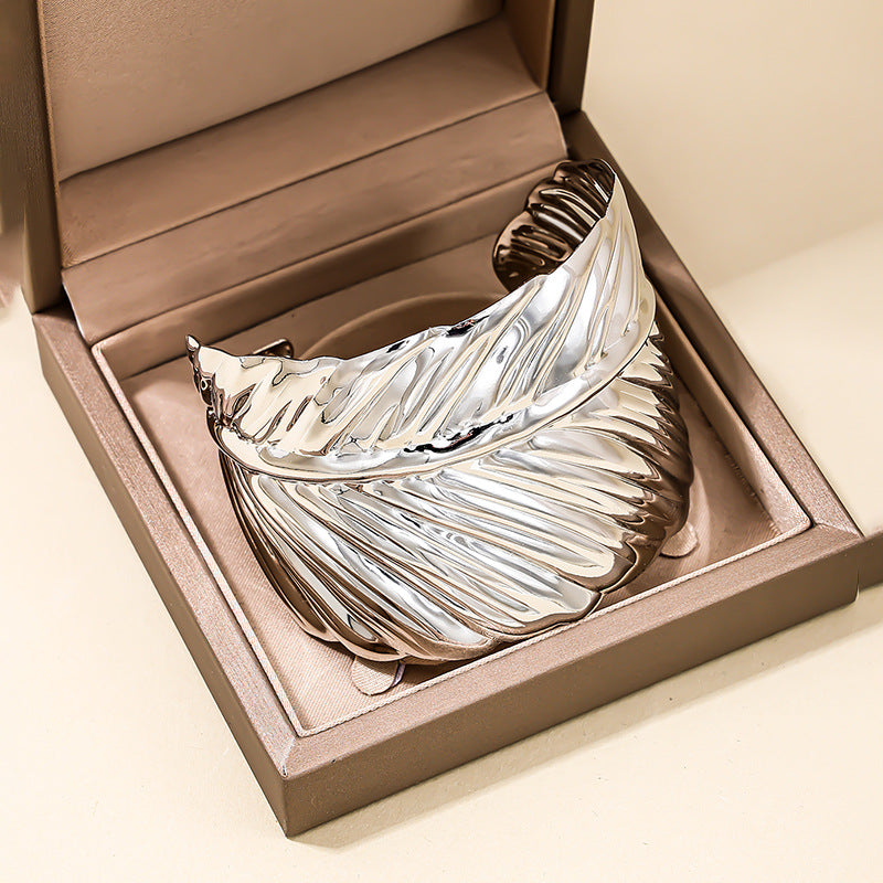 European Chic Leaf Design Metal Bangle - Statement Hand Jewelry for Women