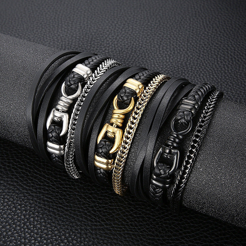 Planderful Men Leather Chain Bracelet Multi Layer Punk