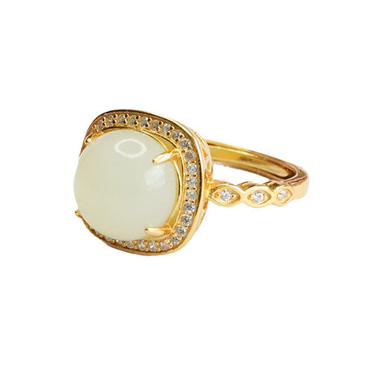 Stunning S925 Silver Hetian Jade Ring with Square Zircon Halo