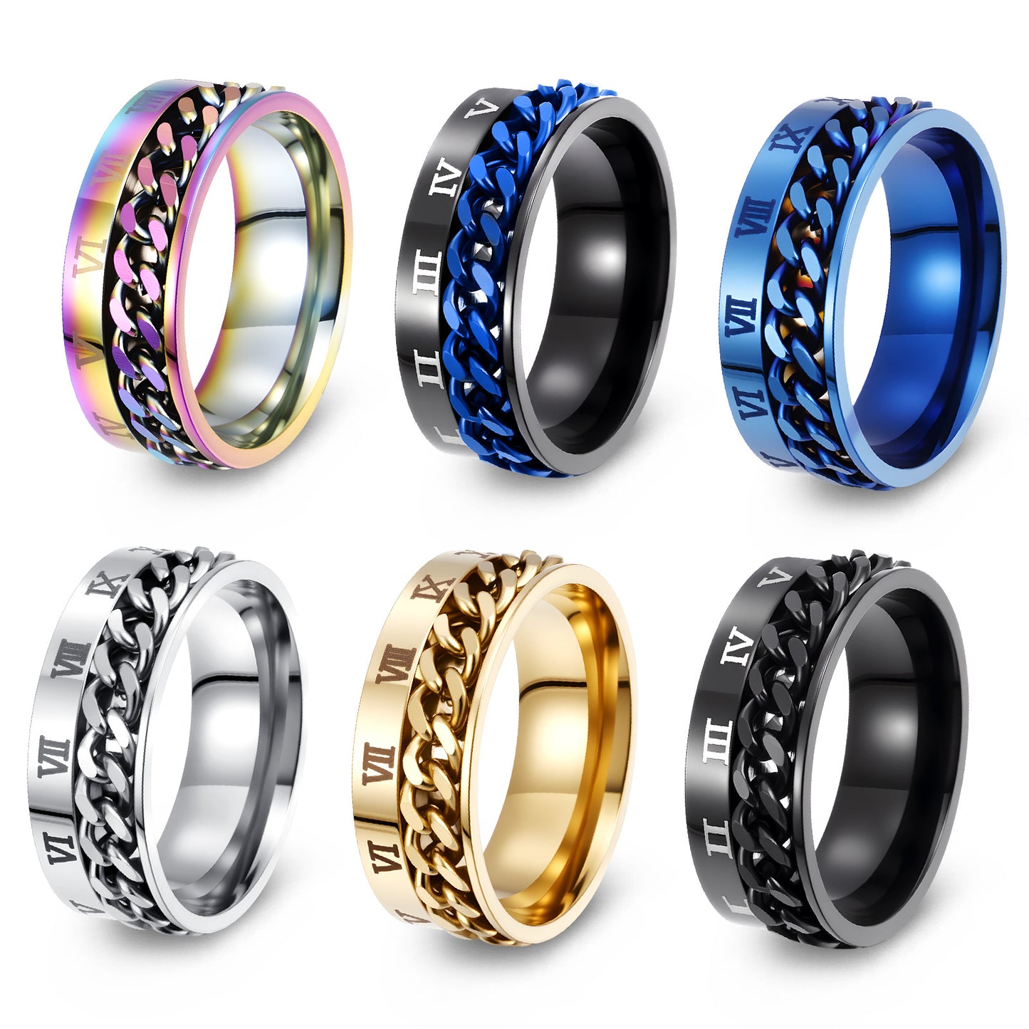 Planderful Everyday Genie Titanium Steel Ring Rotatable Chain Decompression Unisex Roman Numerals Jewelry Size 7 13