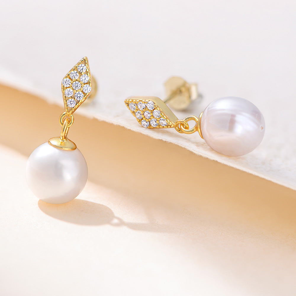 Planderful S925 Sterling Silver Geometric Rhombus Pearl Zircon Drop Earrings For Women