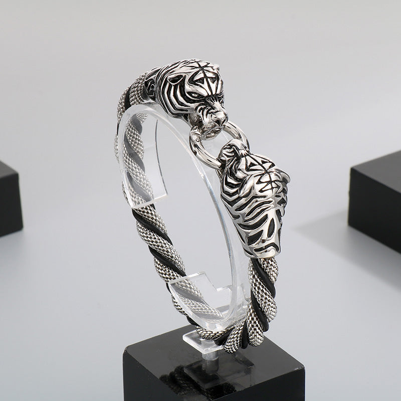 Antique Zodiac Leather Rope Bracelet – Leader Tiger Head Anchor Titanium Steel Men's Leather