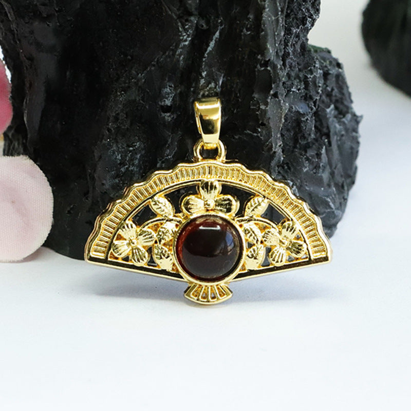 Elegant Round Honey Amber Fan Pendant Traditional Asian Jewellery